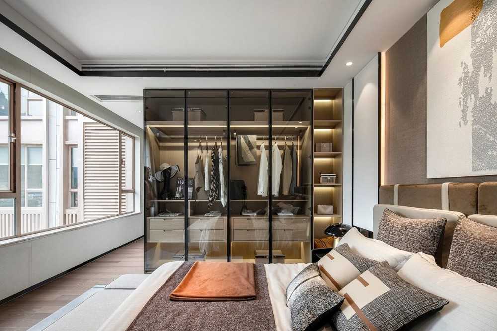 Contemporary Bedroom with Parquet Floor and Drop Ceiling
