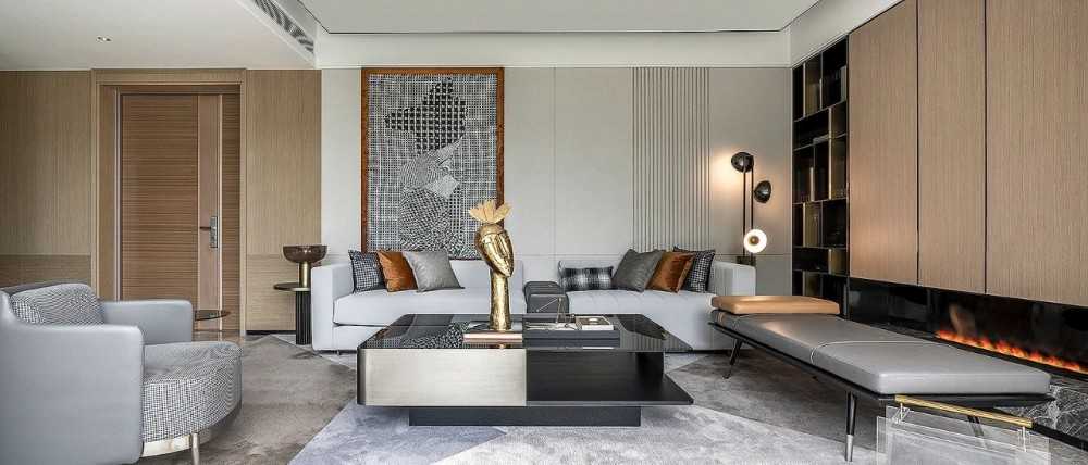 Contemporary Living Room with Bookshelf and Homogeneous Tiles