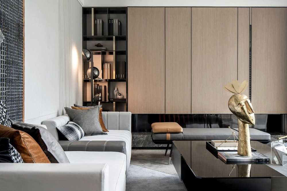 Contemporary Living Room with Bookshelf and Homogeneous Tiles