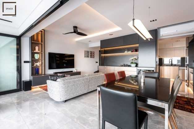 Contemporary Living Room with Homogeneous Tiles and Cove Lighting
