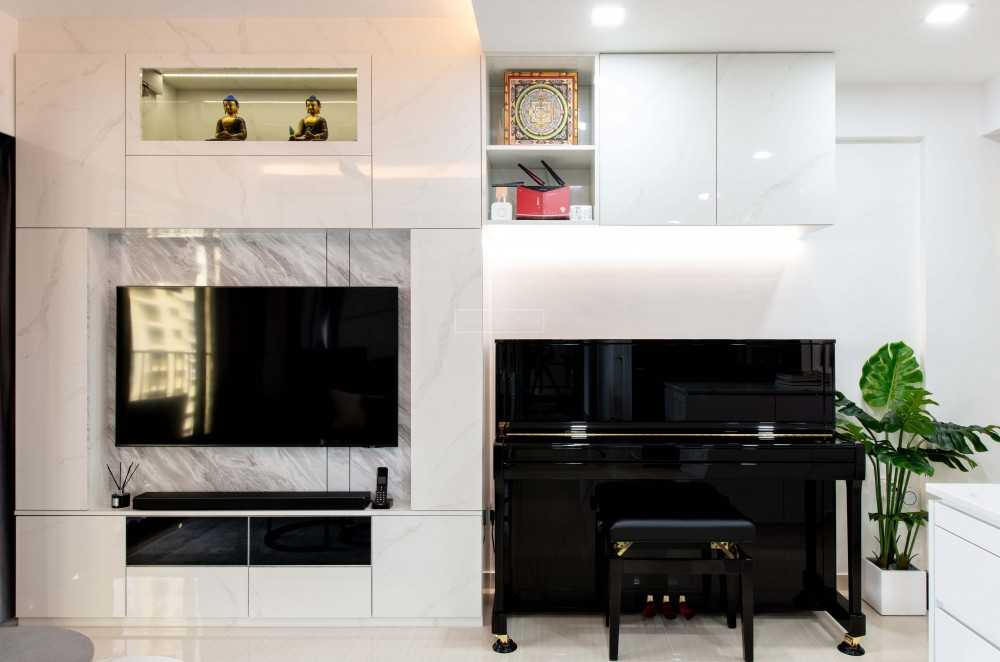 Modern Living Room with Bookshelf and Feature Wall