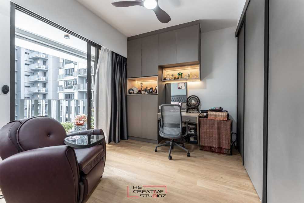 Contemporary Bedroom with Bookshelf and Parquet Floor