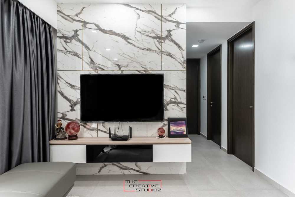Contemporary Living Room with TV Console and Feature Wall