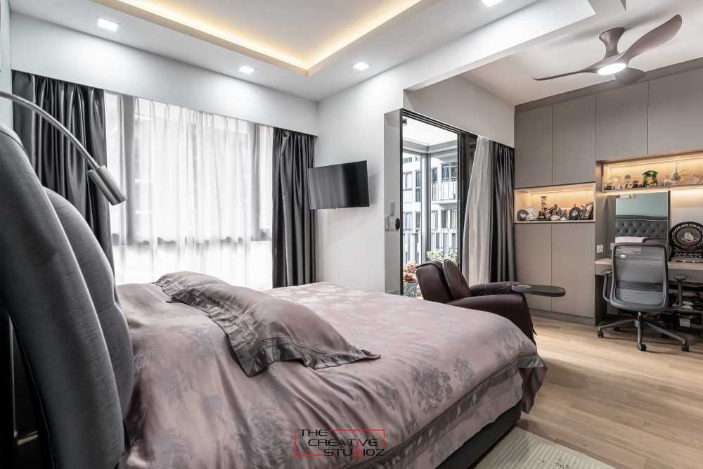 Contemporary Bedroom with Bookshelf and Parquet Floor