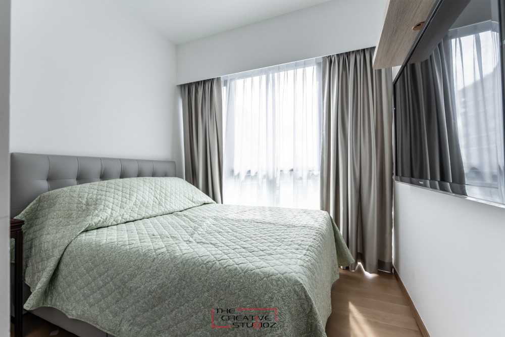Contemporary Bedroom with Bookshelf and Parquet Floor