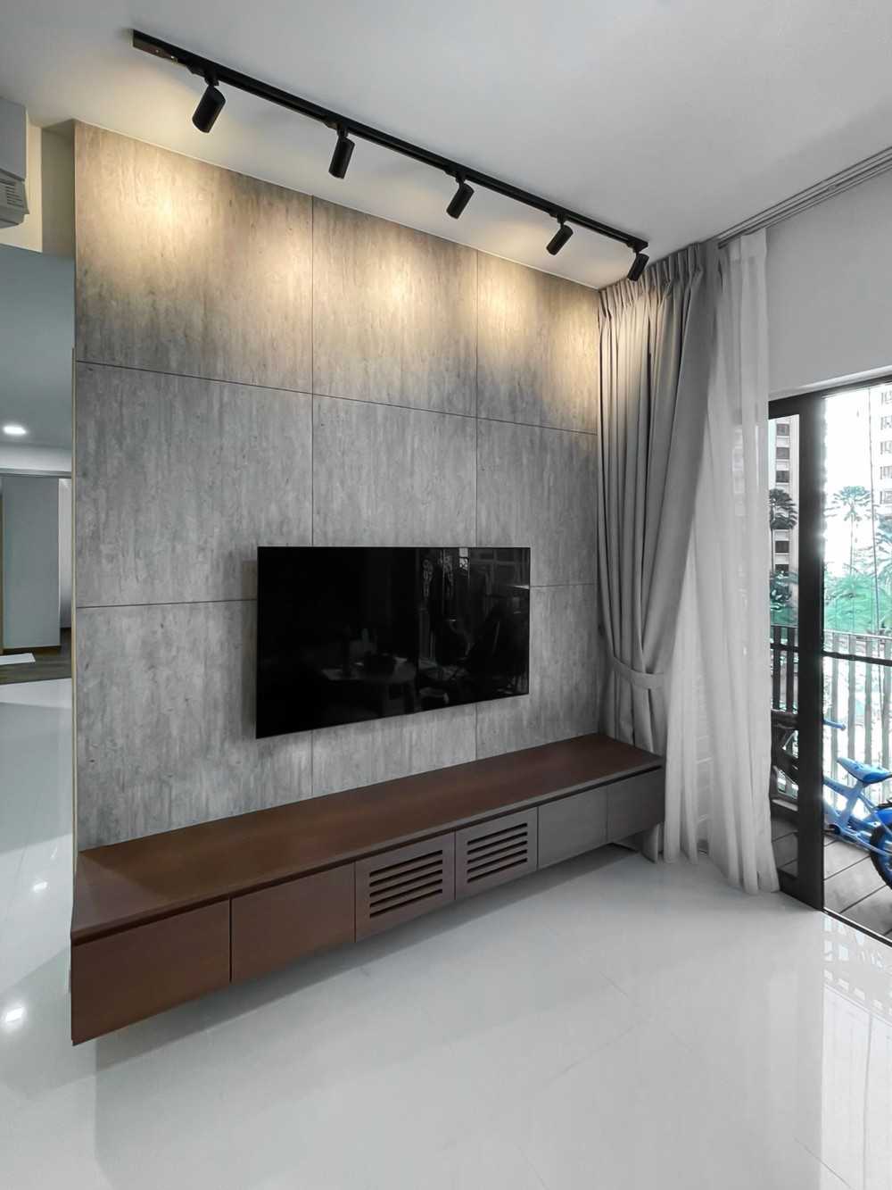 Scandinavian Living Room with TV Console and Window Grille