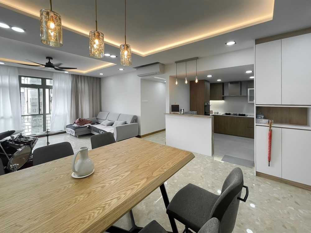 Scandinavian Dining Room with Dining Table and Storage Cabinets