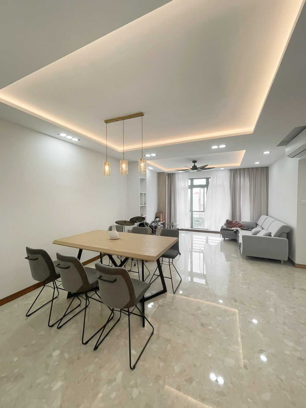 Scandinavian Dining Room with Window Grille and Sofa