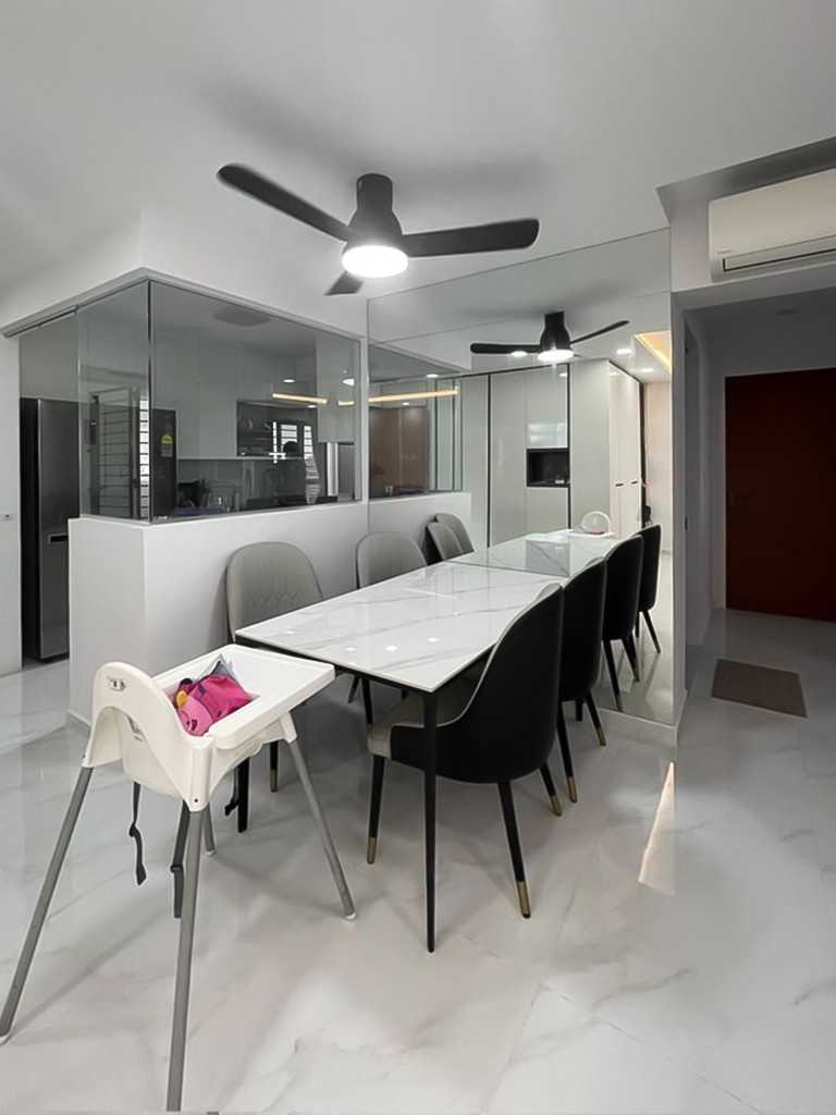 Scandinavian Dining Room with Mirror and Kitchen Window