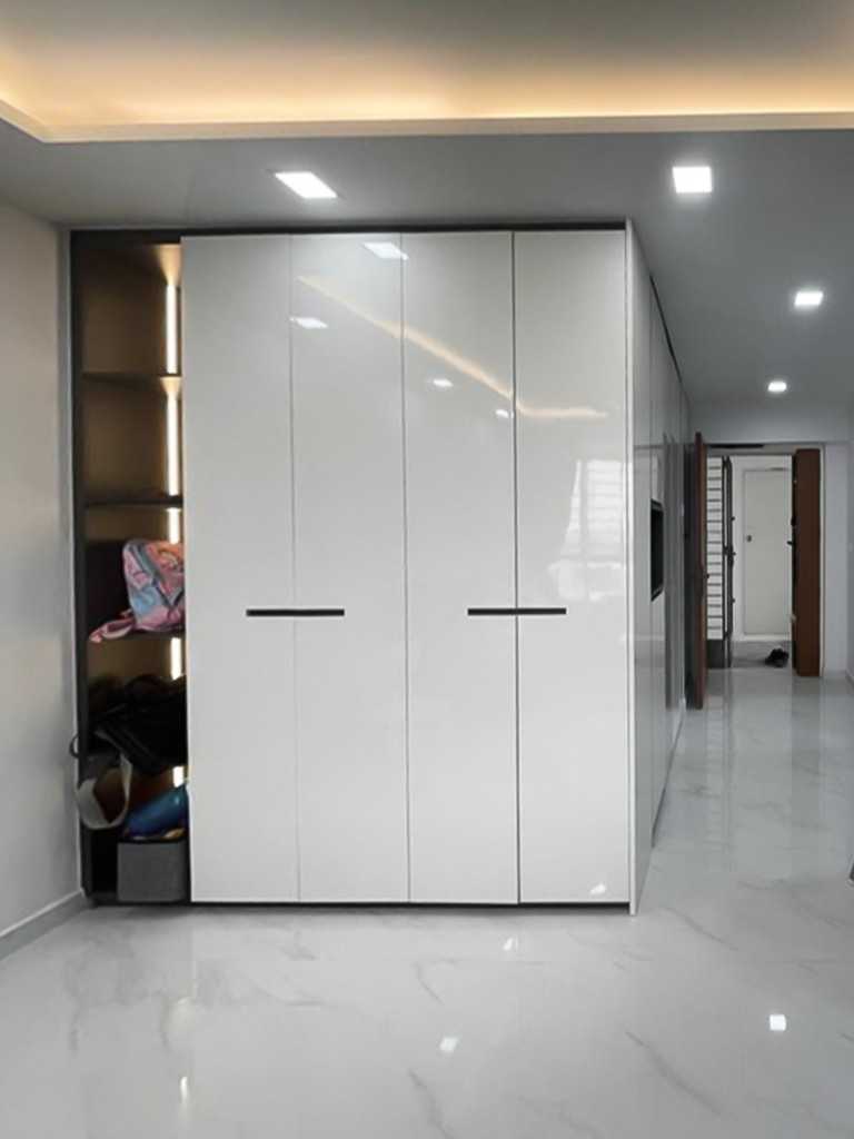 Scandinavian Foyer with Storage Cabinets and Small Storage