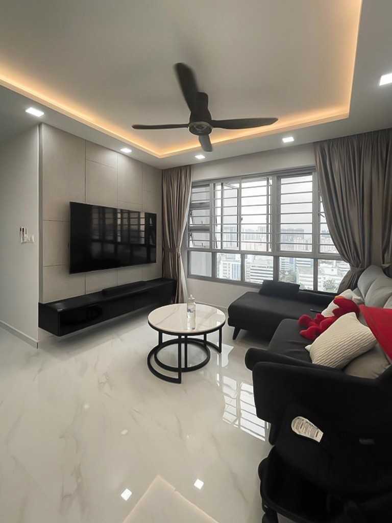 Scandinavian Living Room with TV Console and Window Grille