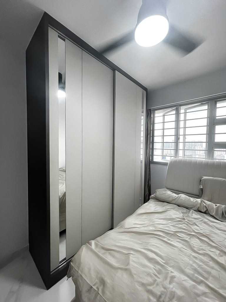 Scandinavian Bedroom with Wardrobe and Window Grille