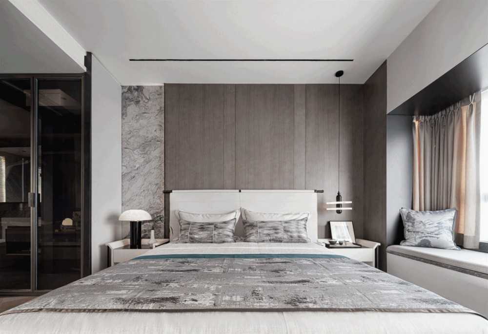 Contemporary Bedroom with Homogeneous Tiles and Bay Window