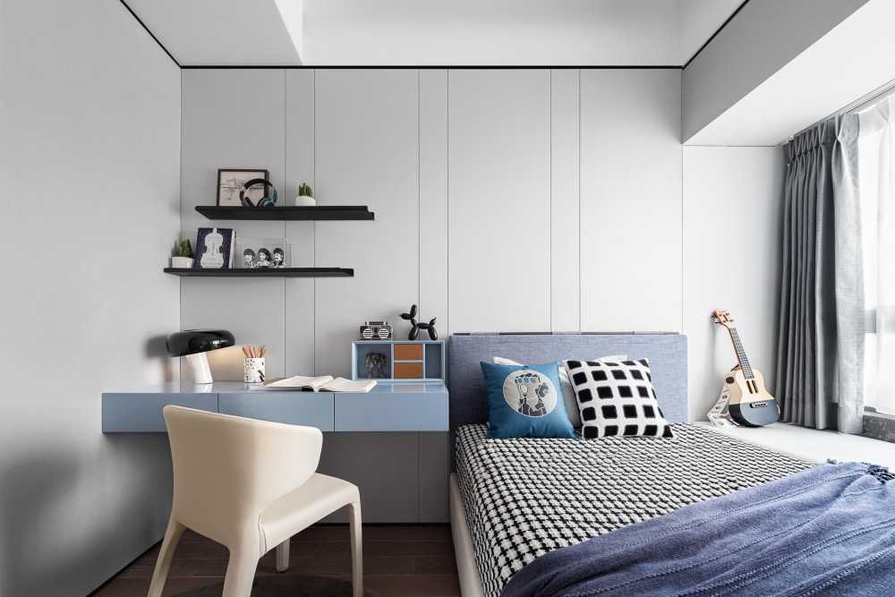 Contemporary Bedroom with Wood Flooring and Feature Wall