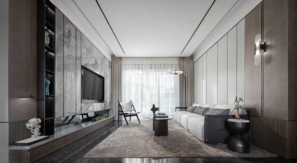 Contemporary Living Room with TV Console and Feature Wall