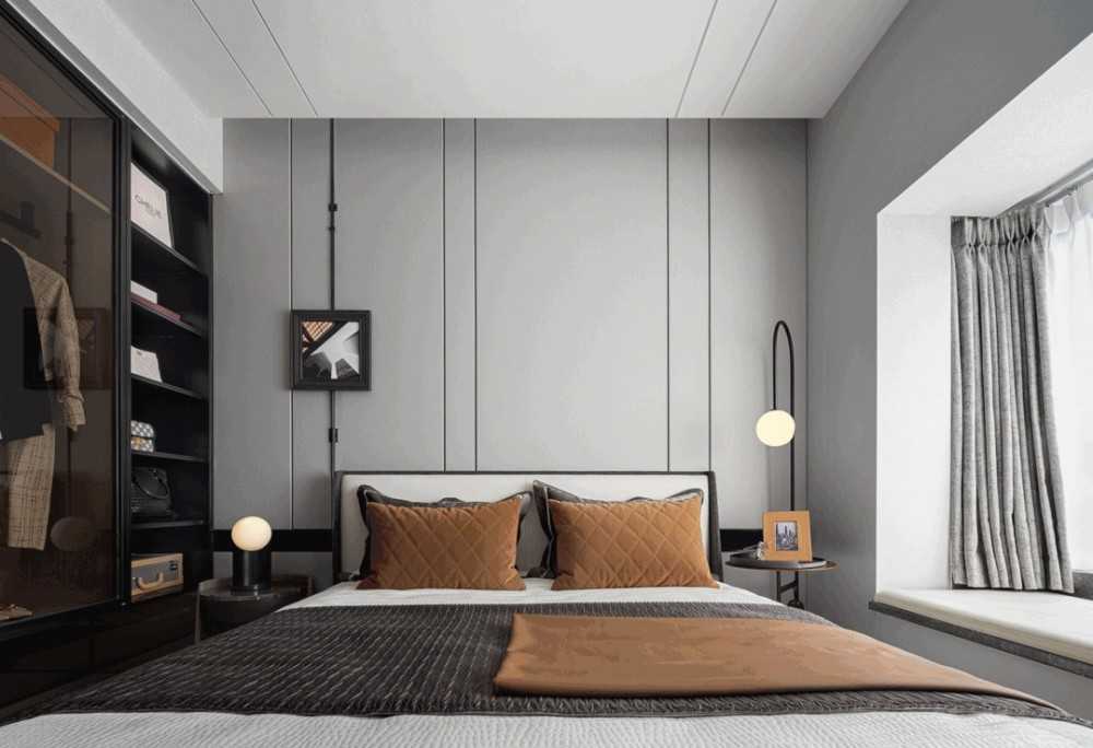 Contemporary Bedroom with Bay Window and Drop Ceiling