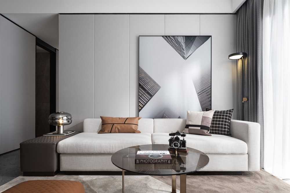 Contemporary Living Room with Homogeneous Tiles and Feature Wall