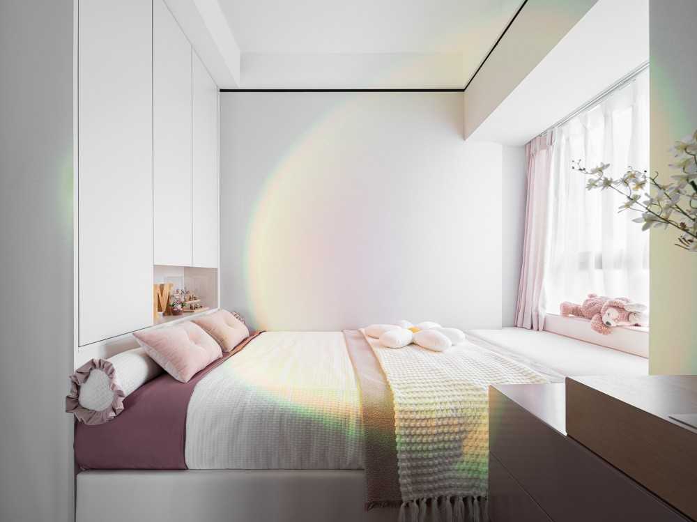 Contemporary Bedroom with Wood Flooring and Bay Window