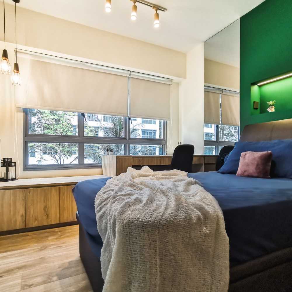 Contemporary Bedroom with Vinyl Flooring and Roller Blinds