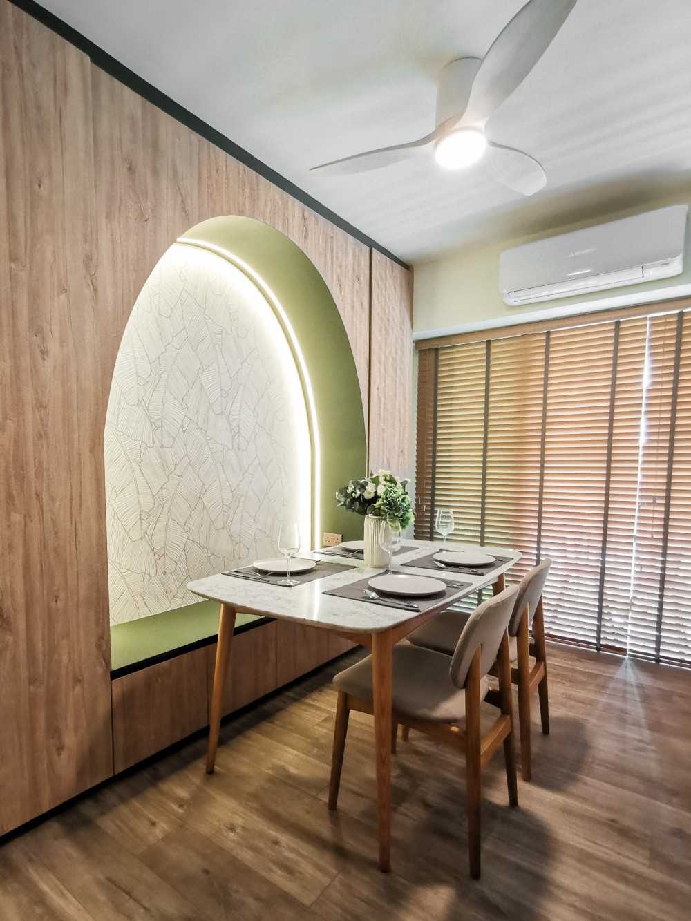 Contemporary Dining Room with Vinyl Flooring and Feature Wall