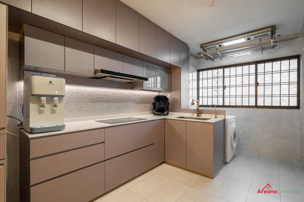 Contemporary Kitchen with Herringbone Tiling and Kitchen Window