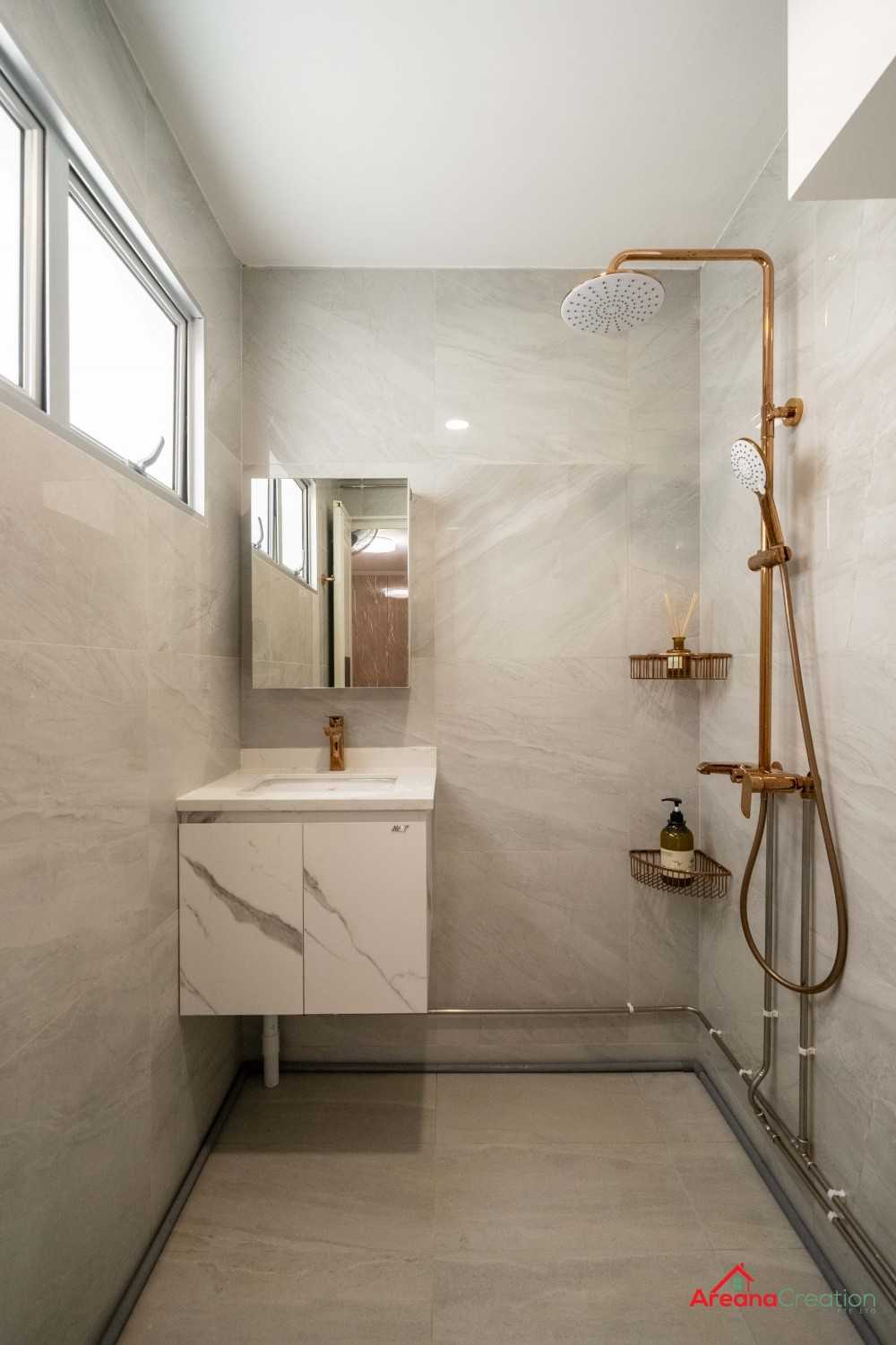 Contemporary Bathroom with Wood Flooring and Mirror