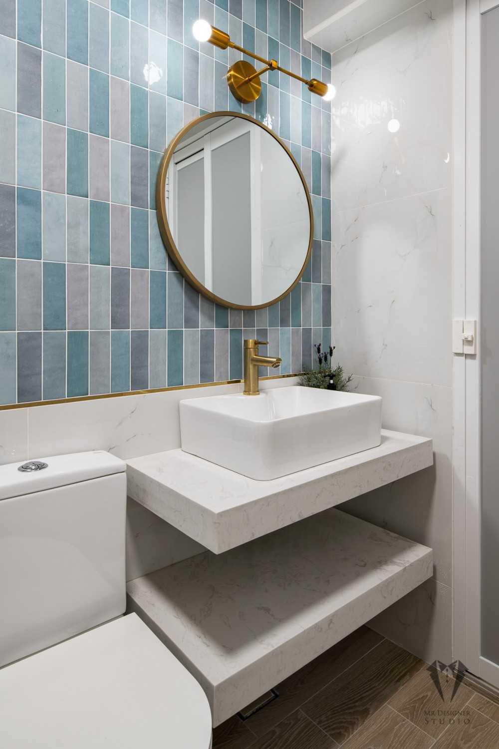 Country Bathroom with Countertop and Herringbone Tiling