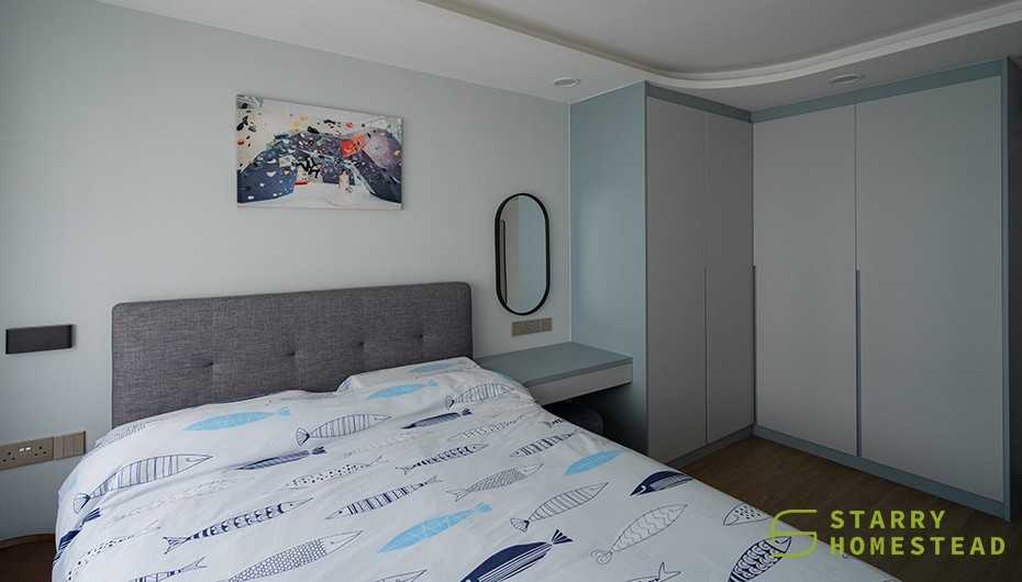 Modern Bedroom with Bay Window and Bedside Table