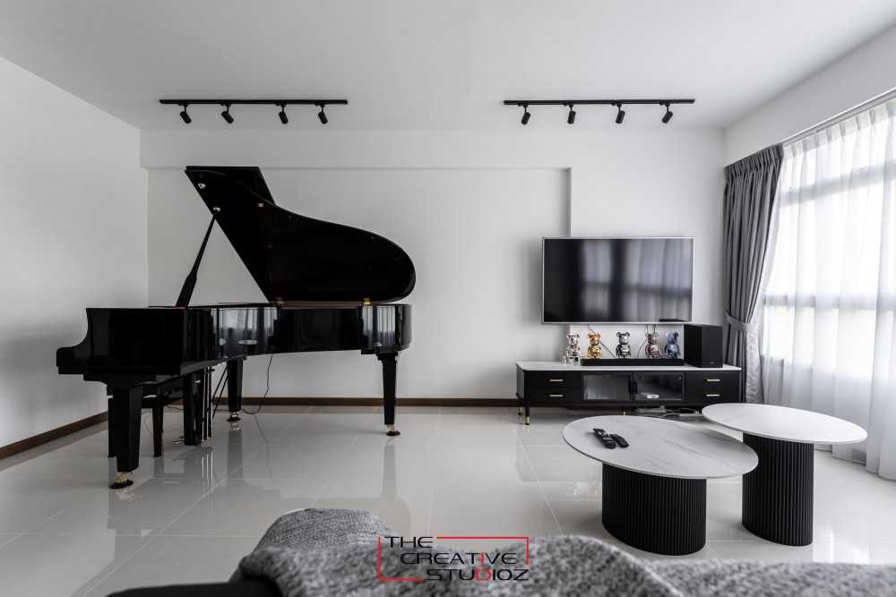 Modern Living Room with Homogeneous Tiles and TV Console