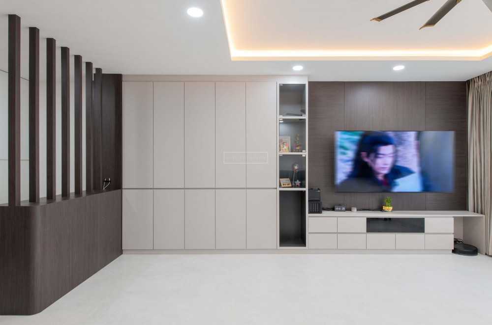 Contemporary Living Room with TV Console and Feature Wall