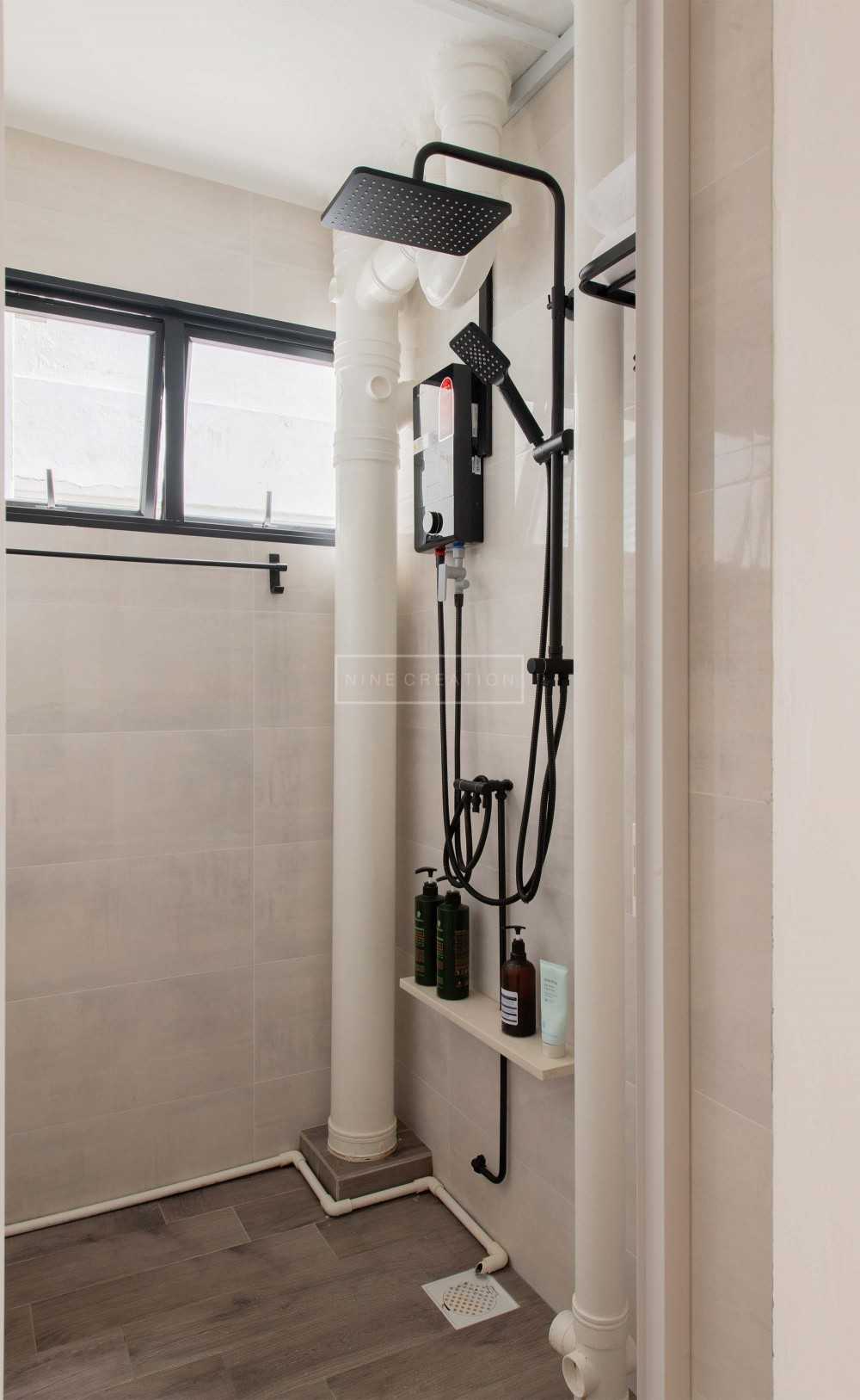 Scandinavian Bathroom with Rainshower and Wall Shelves