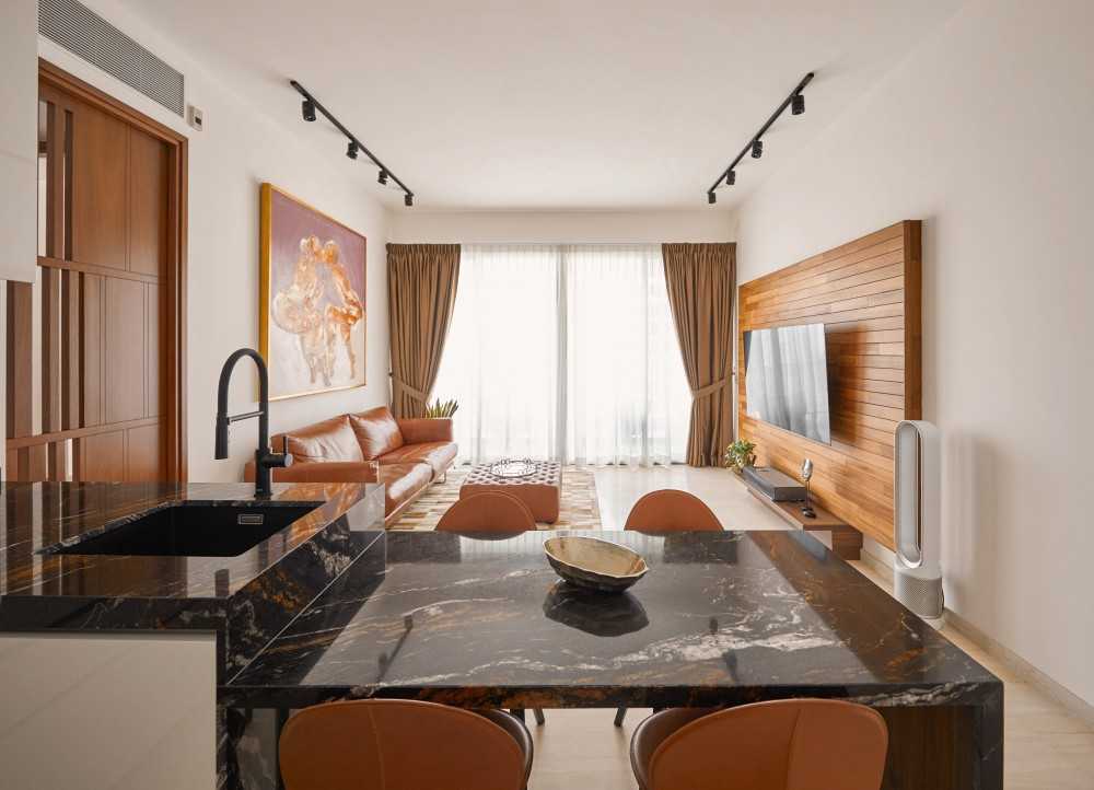 Contemporary Living Room with Countertop and Curtain