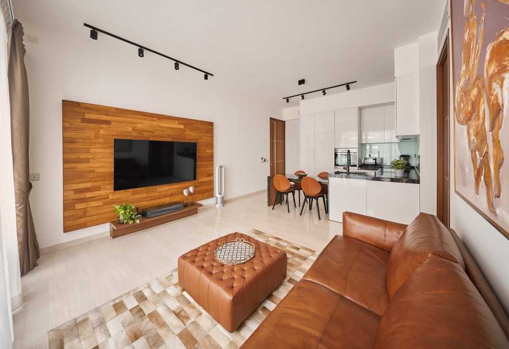 Contemporary Kitchen with TV Console and Feature Wall