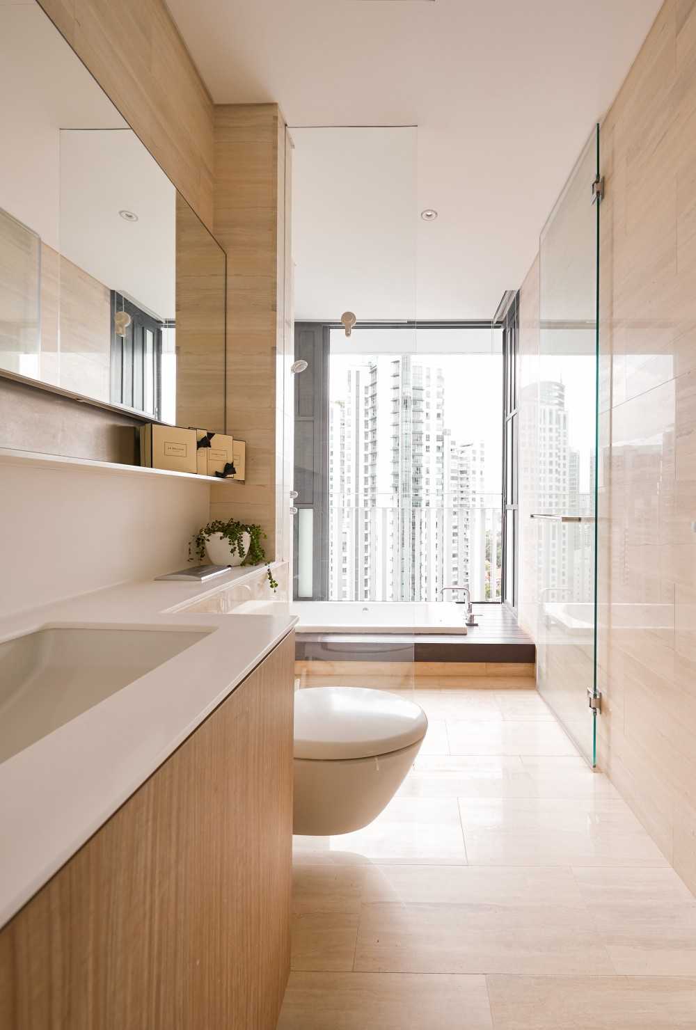 Contemporary Bathroom with Mirror and Bathtub