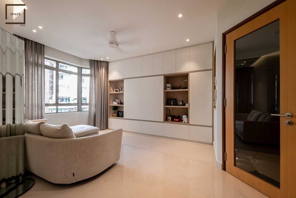 Modern Living Room with Homogeneous Tiles and TV Console