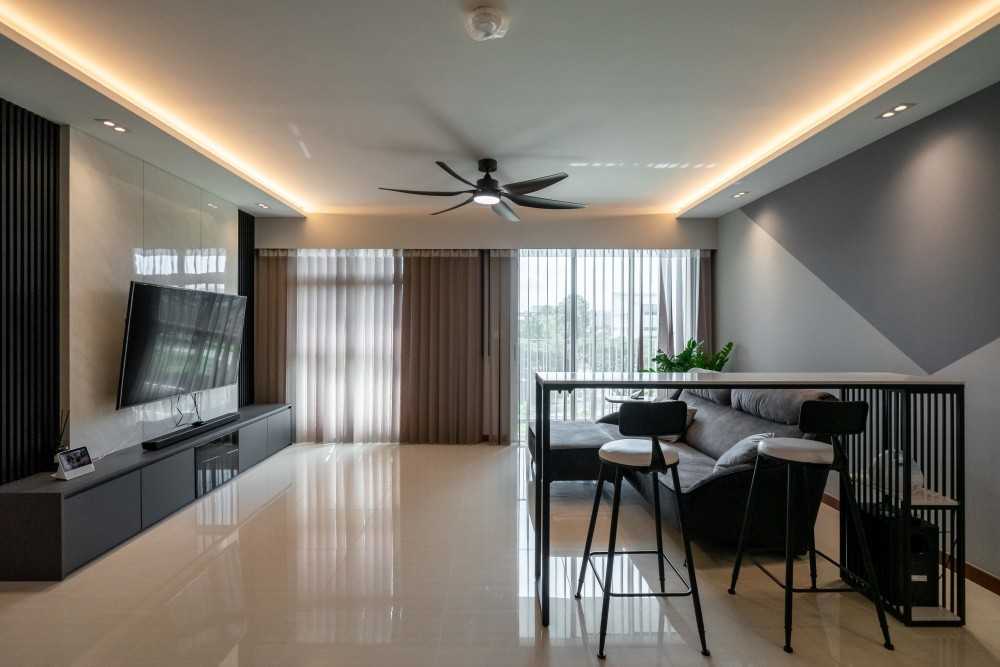 Modern Living Room with Homogeneous Tiles and TV Console