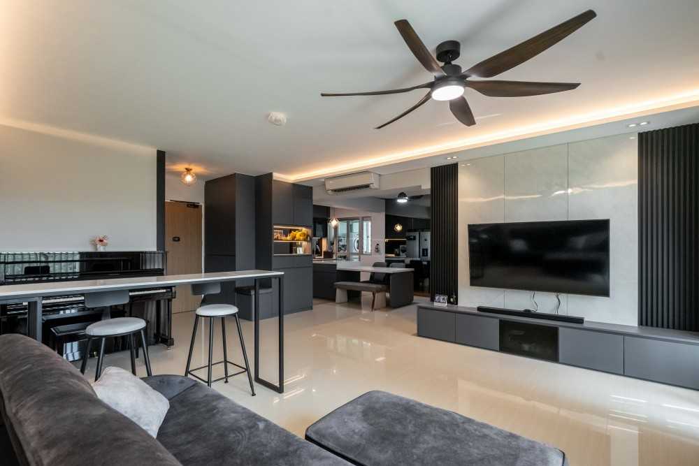 Modern Living Room with Homogeneous Tiles and TV Console