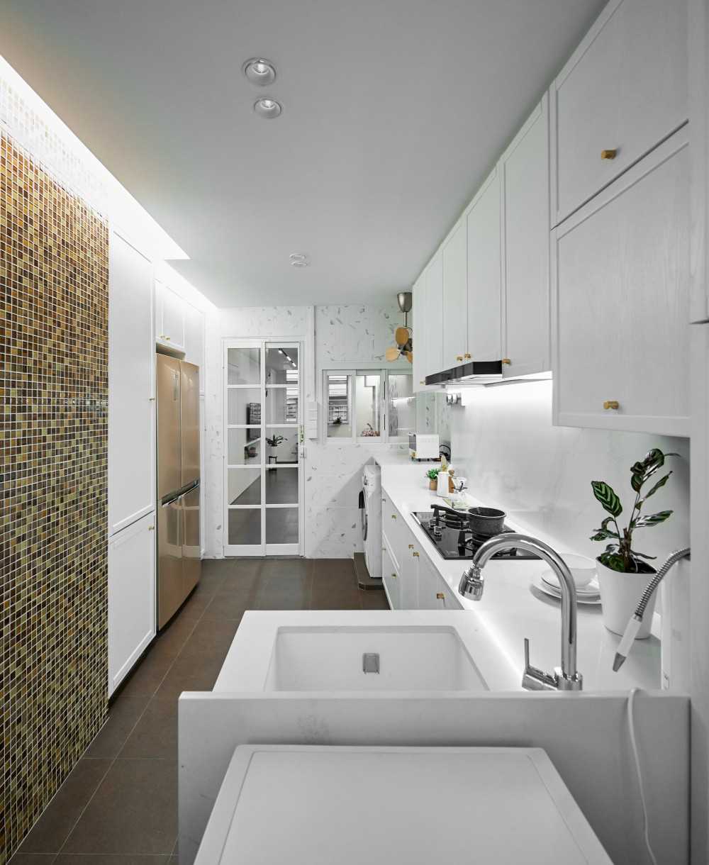 Contemporary Kitchen with Kitchen Window and Cupboard