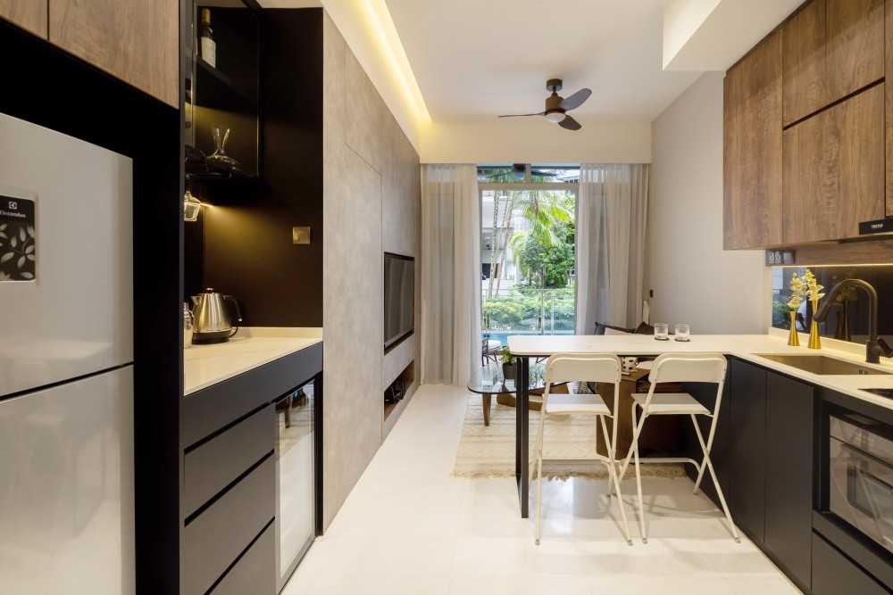 Industrial Living Room with Marble Floor and Feature Wall