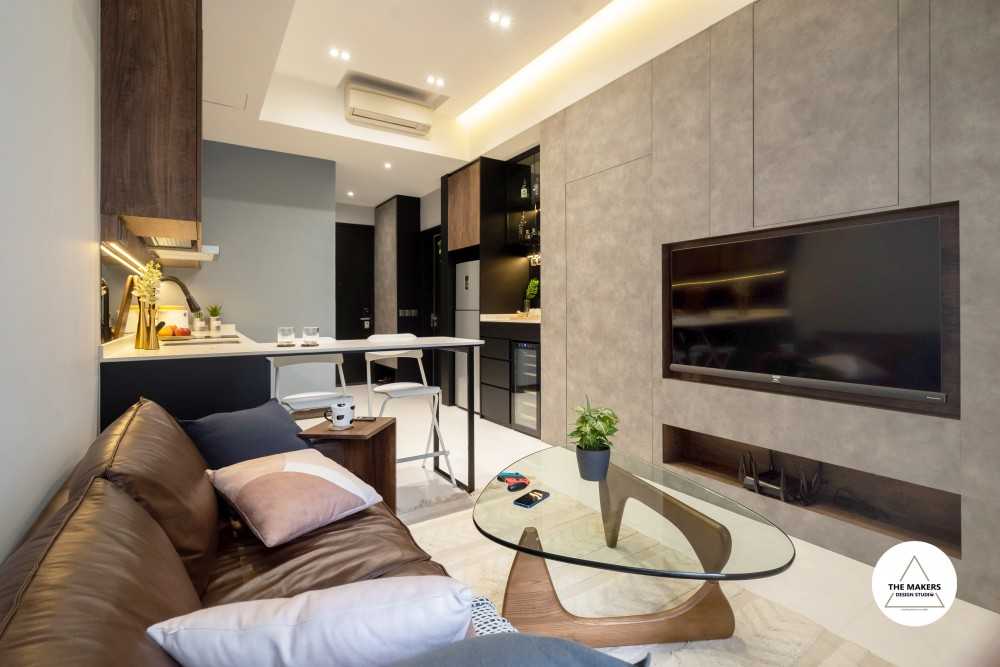 Industrial Living Room with Marble Floor and Feature Wall