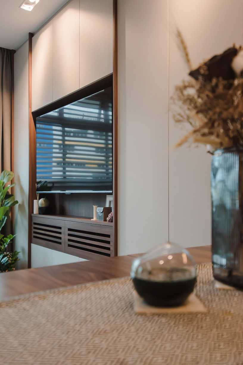 Contemporary Living Room with Homogeneous Tiles and TV Console
