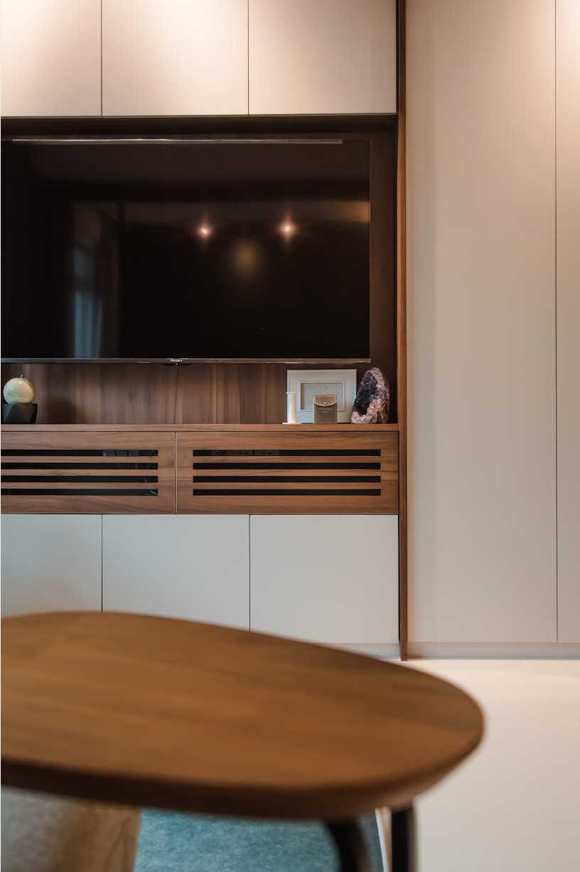 Contemporary Living Room with Homogeneous Tiles and TV Console