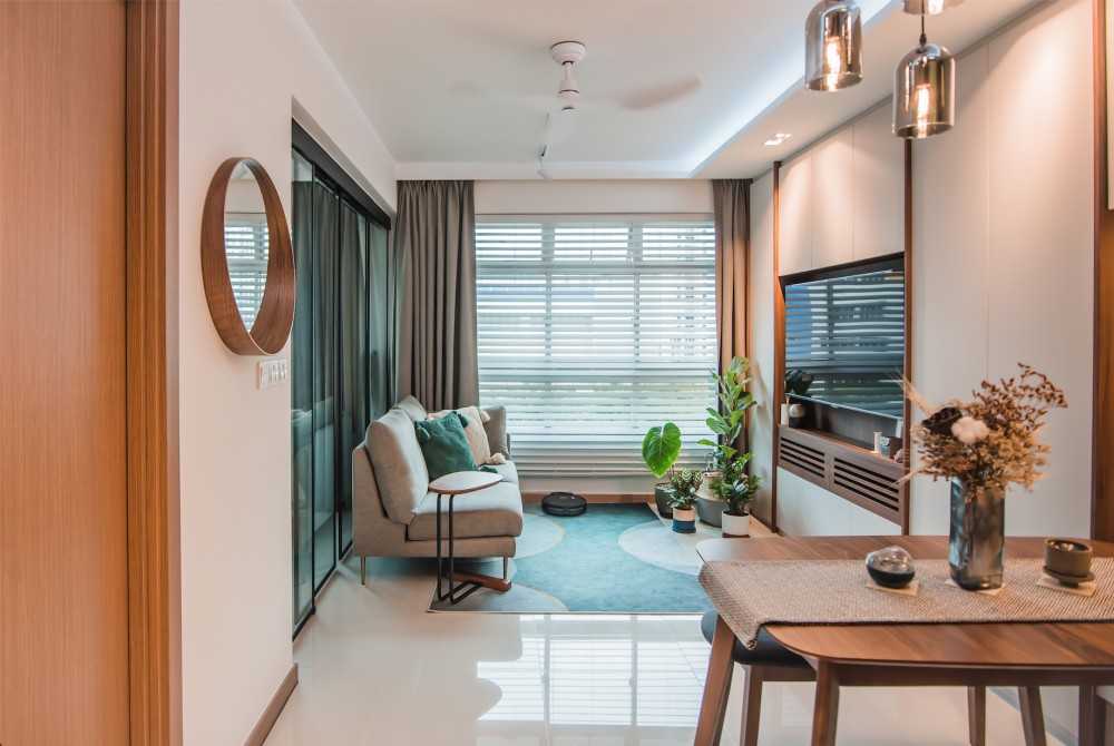 Contemporary Living Room with Homogeneous Tiles and TV Console