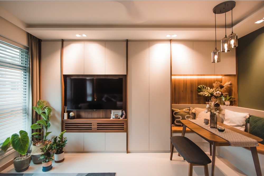 Contemporary Living Room with Homogeneous Tiles and TV Console