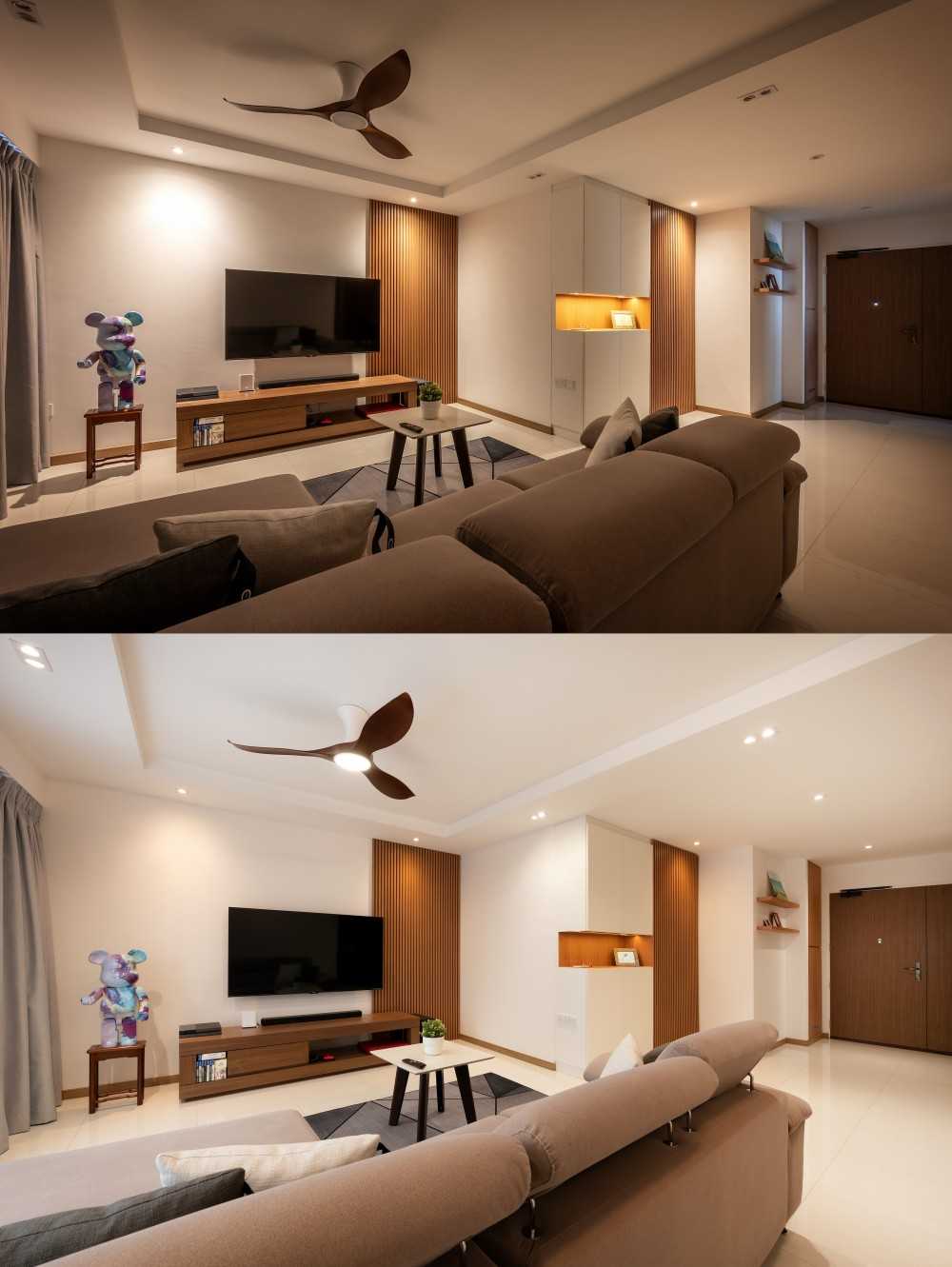 Contemporary Living Room with Homogeneous Tiles and TV Console