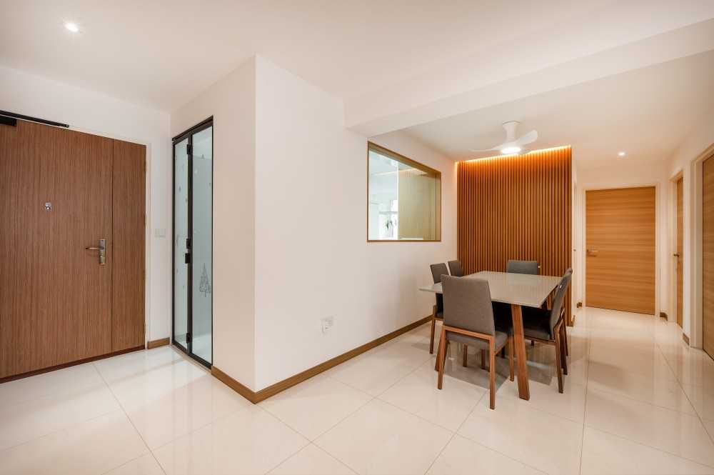 Contemporary Dining Room with Drop Light and Downlights