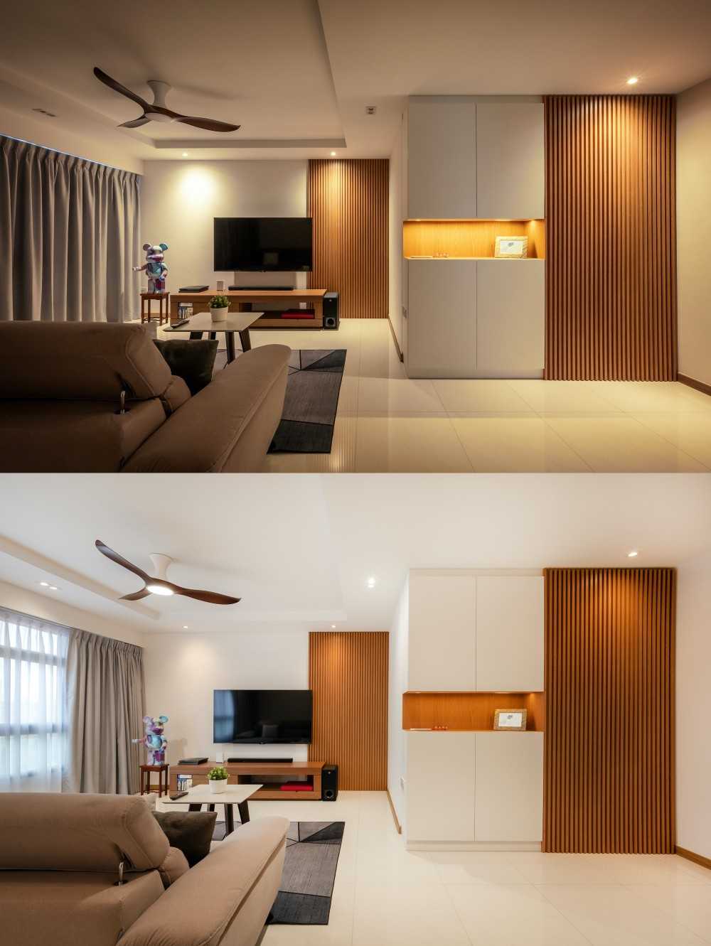 Contemporary Living Room with Homogeneous Tiles and TV Console