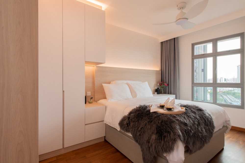 Scandinavian Bedroom with Granite Floor and Marble Floor
