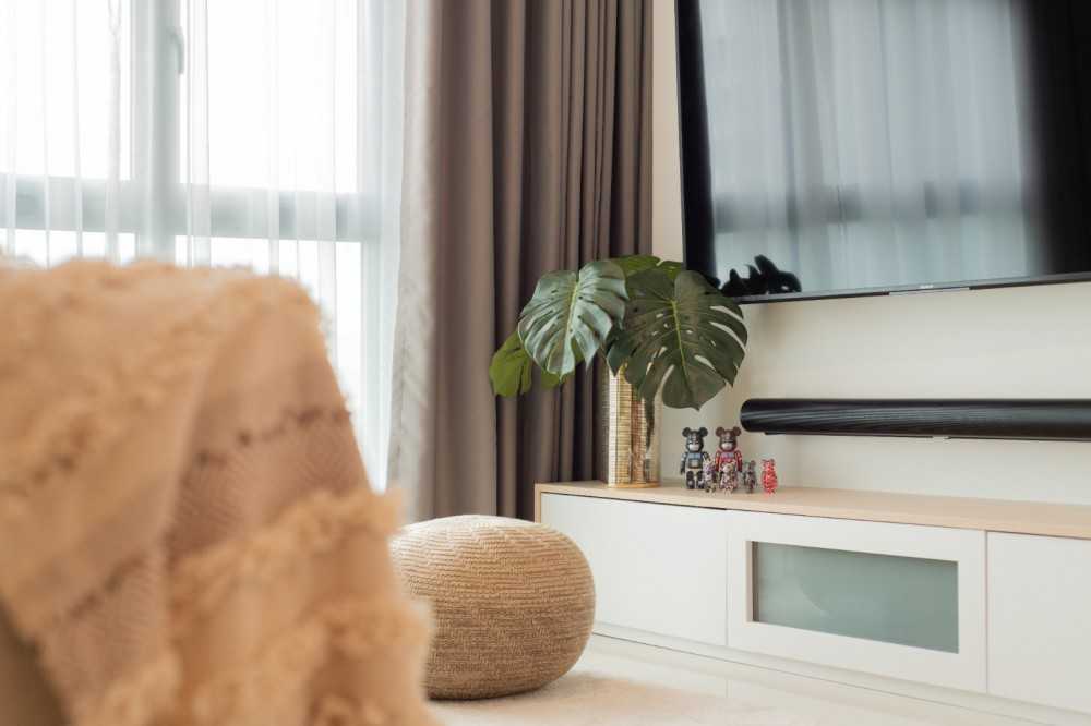 Scandinavian Living Room with Parquet Floor and Cement Floor