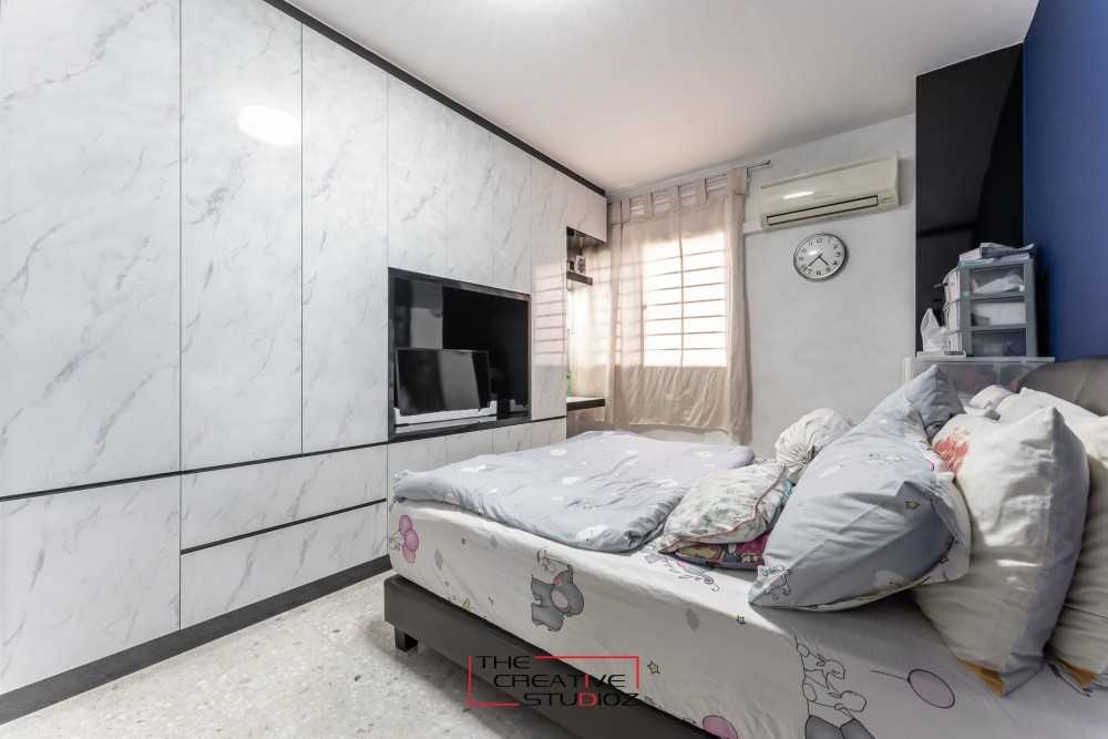 Modern Bedroom with Homogeneous Tiles and Wardrobe